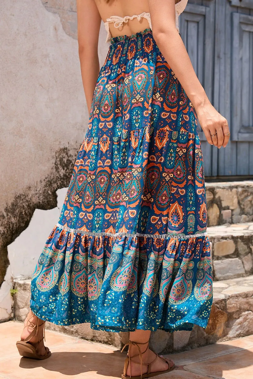 Blue Bohemian Ethnic Print Lace Patchwork Maxi Skirt