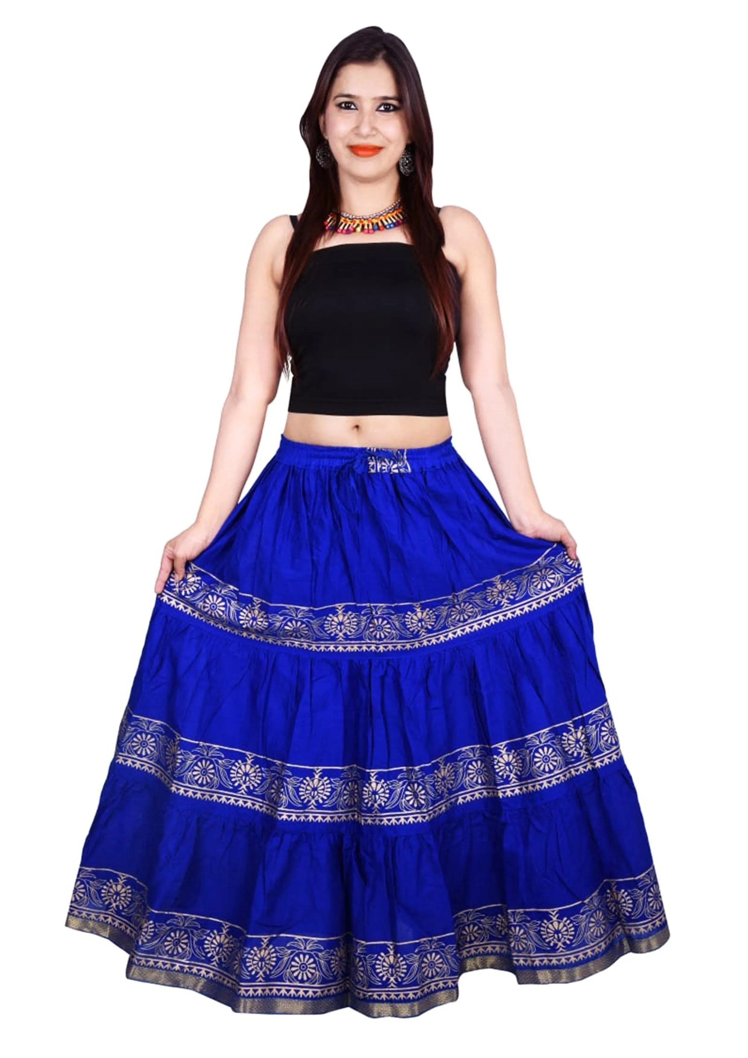 Blue Ethnic Golden Print Maxi Skirt