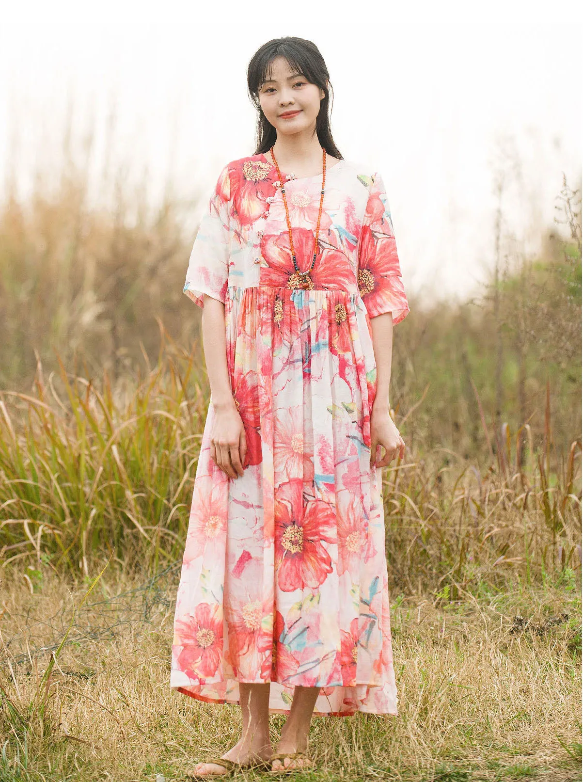 Bohemian Orange Floral half-sleeved Dress for Women