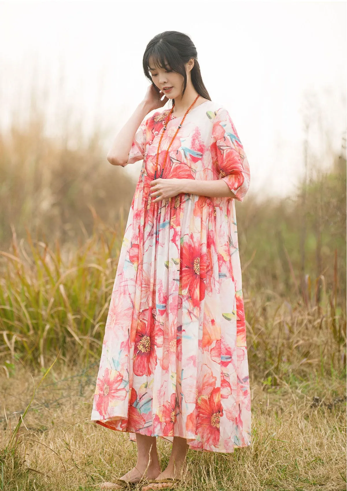 Bohemian Orange Floral half-sleeved Dress for Women