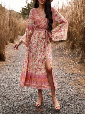 Bohemian Paisley Printed Fall Wrap Midi Dress