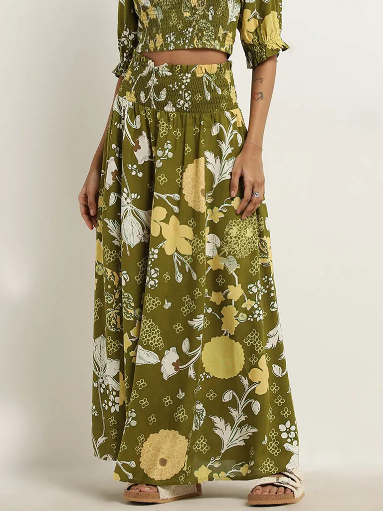 Bombay Paisley Olive Foliage Design High-Rise Skirt