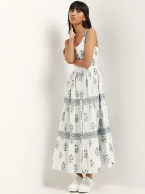 Bombay Paisley White Cotton Blend Gathered-bodice Maxi Dress