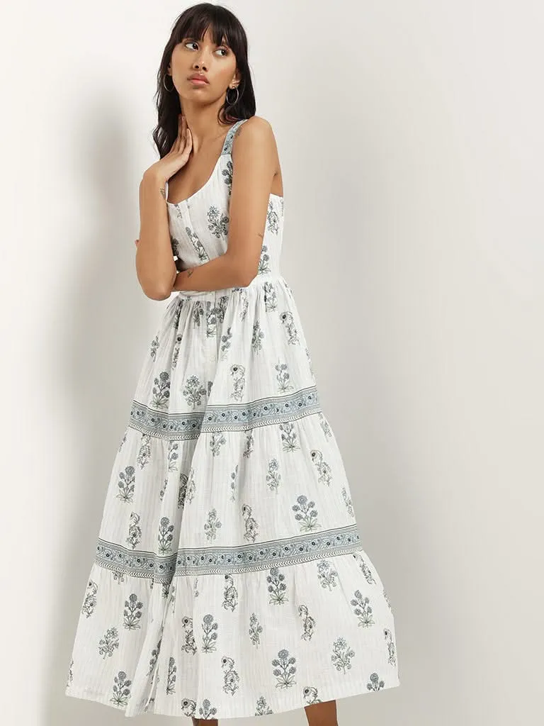 Bombay Paisley White Cotton Blend Gathered-bodice Maxi Dress