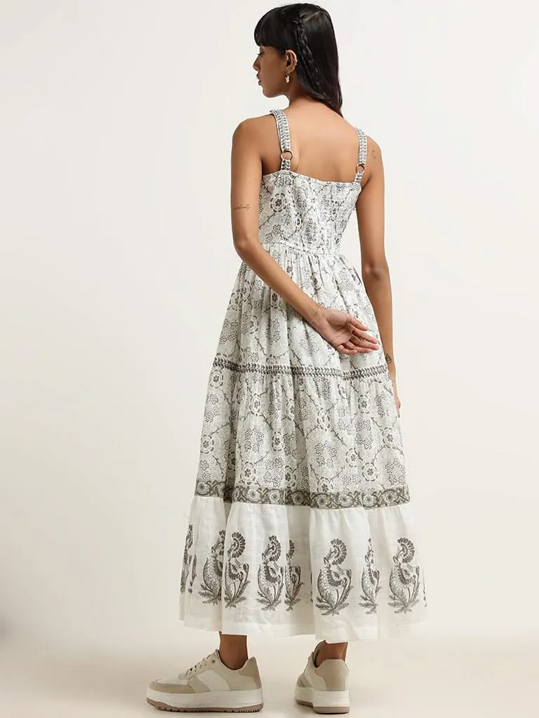 Bombay Paisley White Cotton Blend Tiered Maxi Dress