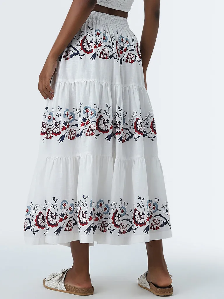 Bombay Paisley White Floral Printed Tiered Cotton Skirt