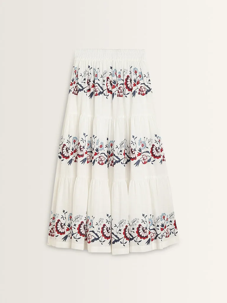 Bombay Paisley White Floral Printed Tiered Cotton Skirt