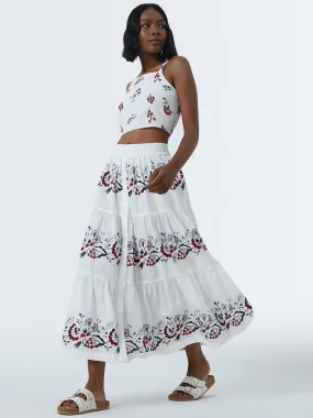 Bombay Paisley White Floral Printed Tiered Cotton Skirt