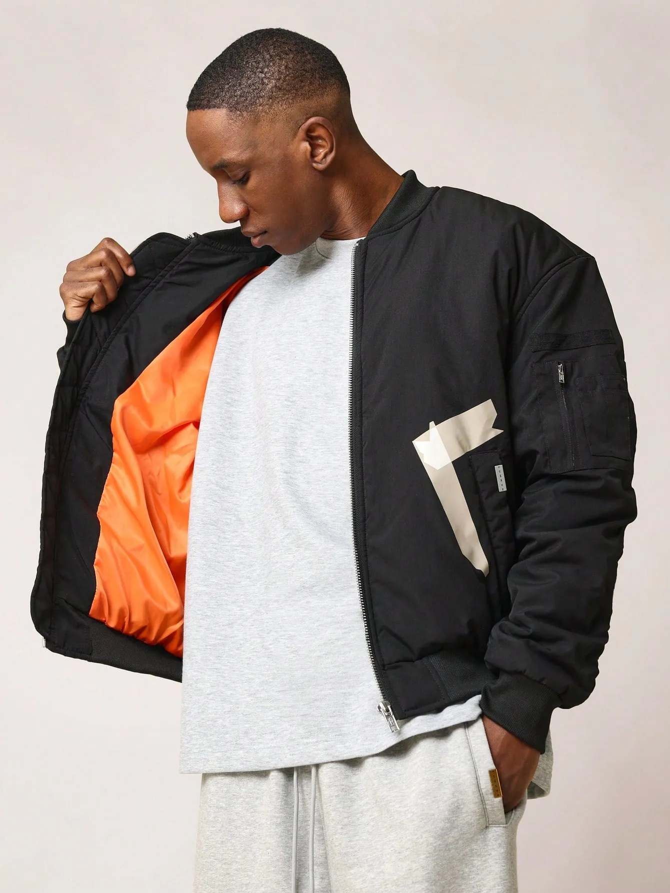 Bomber Jacket With Printed Tape Graphic College Ready