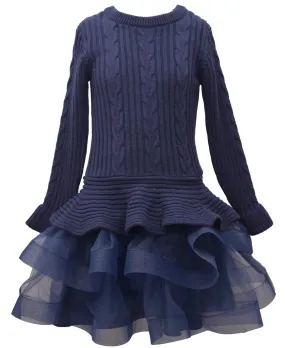 Bonnie Jean Big Girls Long Sleeved Cable Knit Sweater Dress - Navy