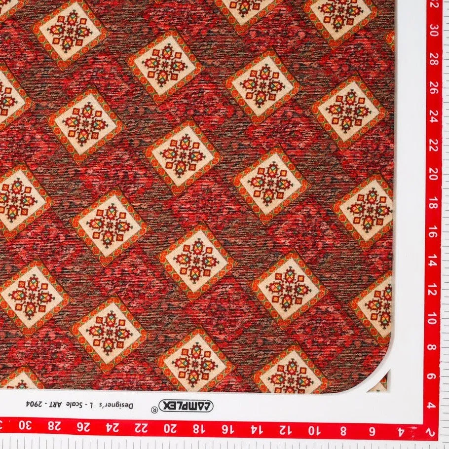 Brick Red Geometrical Traditional Print Rayon Fabric