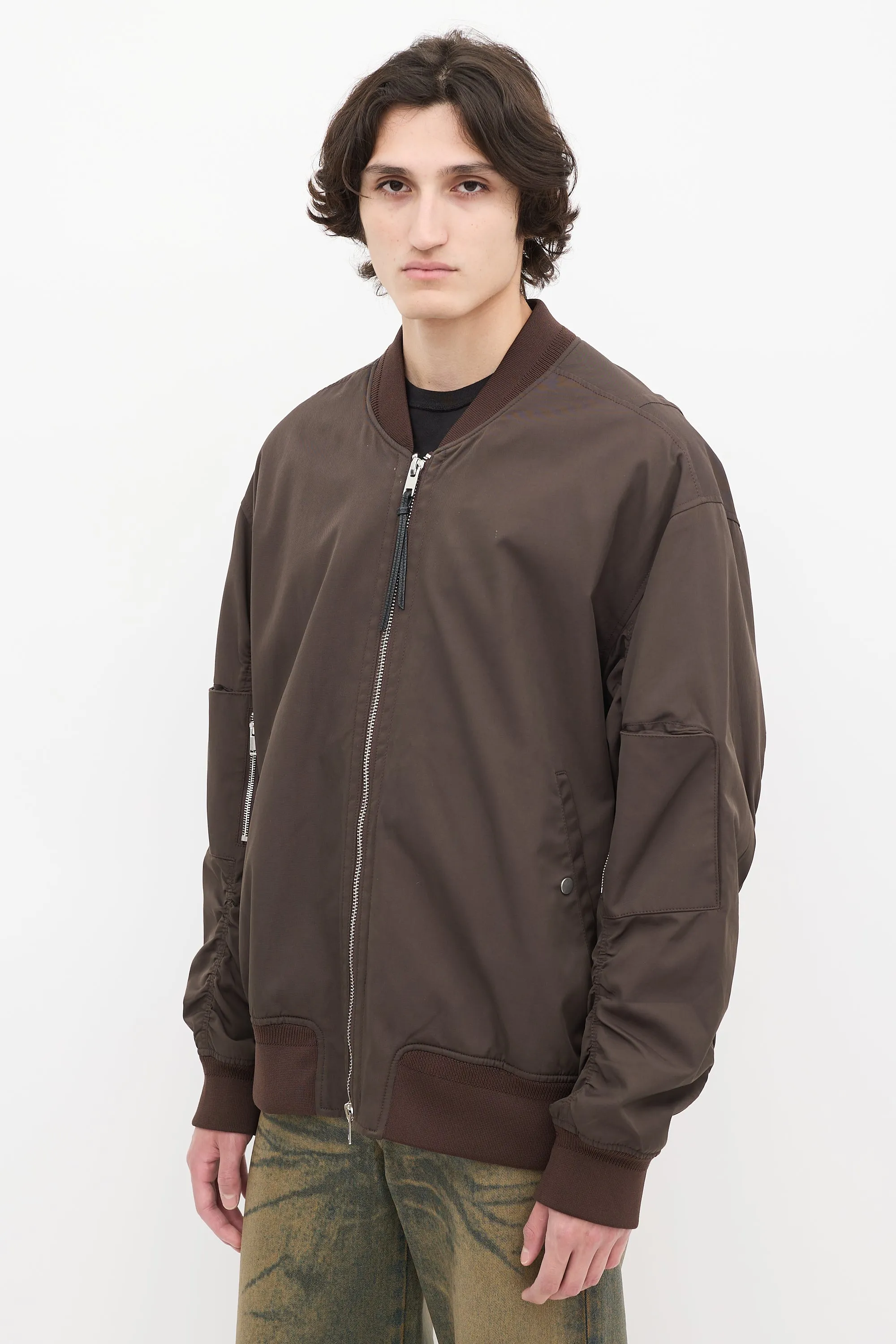 Brown Nylon & Cotton Bomber Jacket