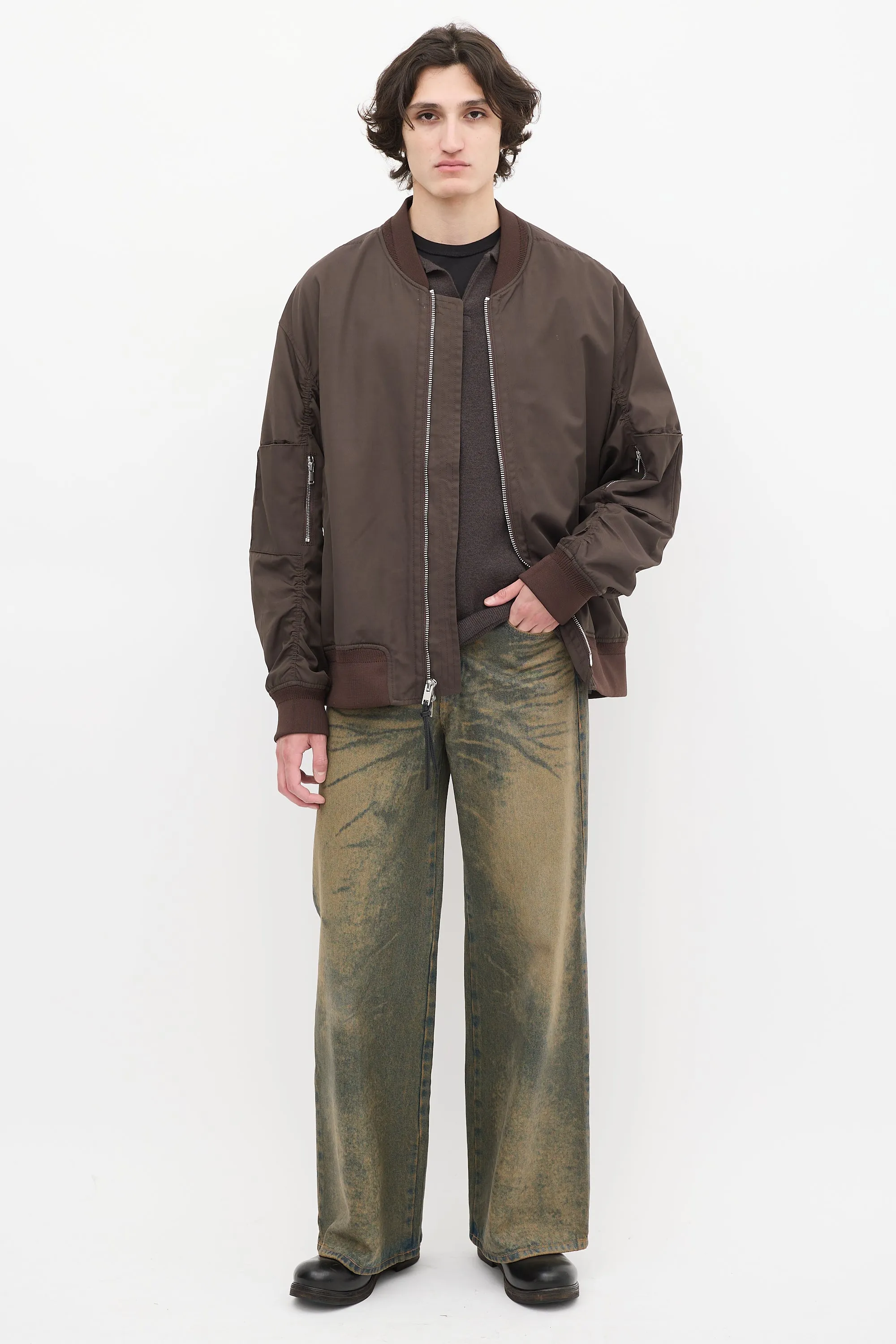 Brown Nylon & Cotton Bomber Jacket