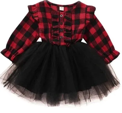 Buffalo Plaid Girls Western Christmas Party Dress Holdiay