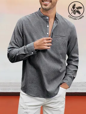 Casual Stand Collar Cotton Linen Stripe Henley Shirt