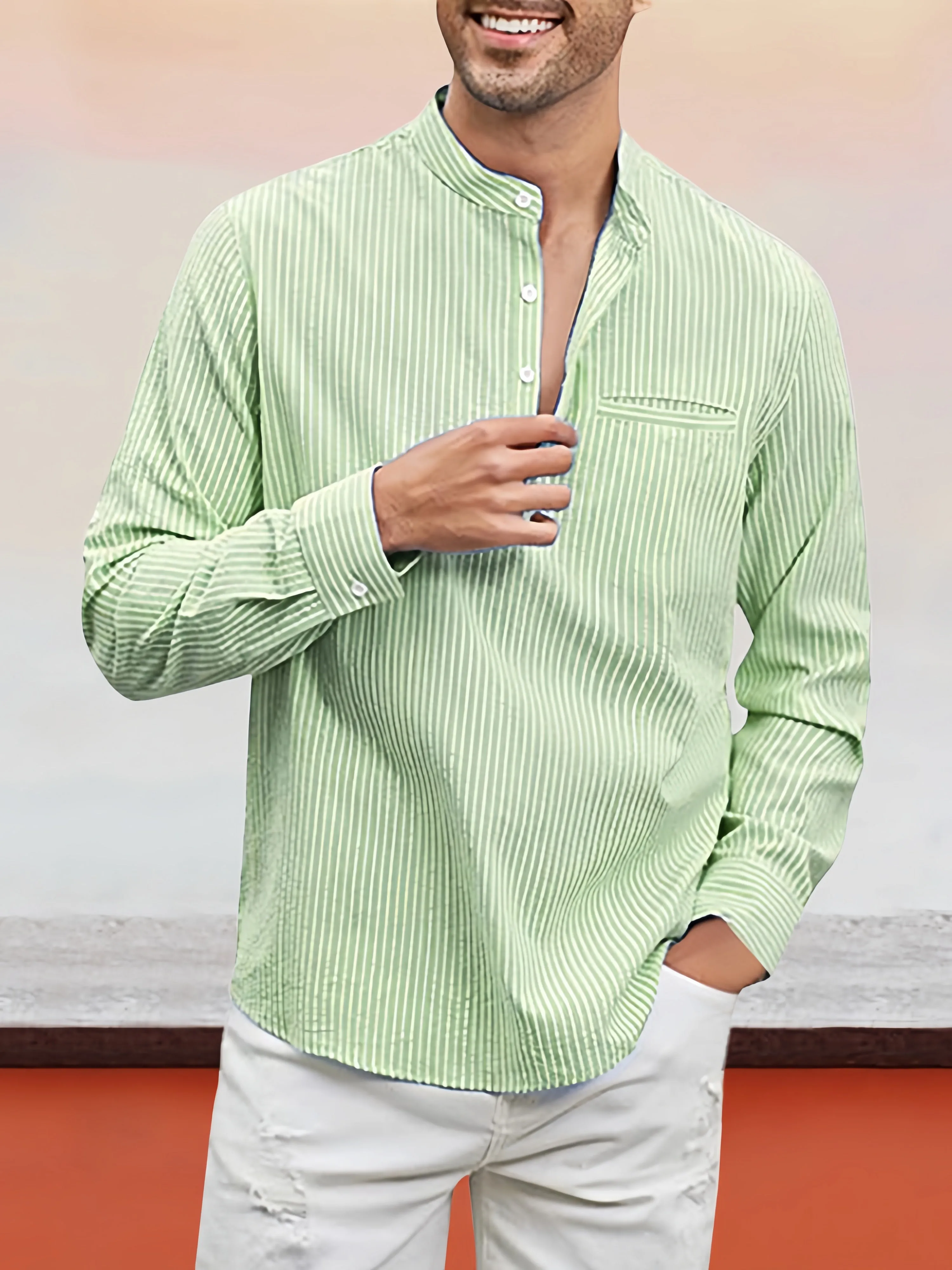 Casual Stand Collar Cotton Linen Stripe Henley Shirt