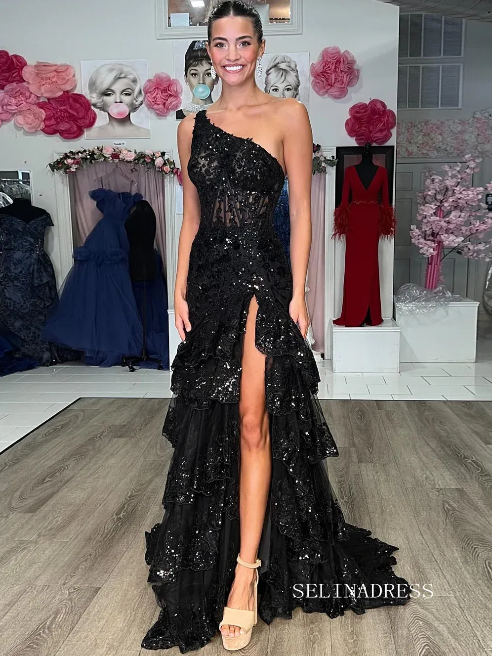 Chic One Shoulder Lace Sequins Long Prom Dresses Elegant Evening Dress sew0333