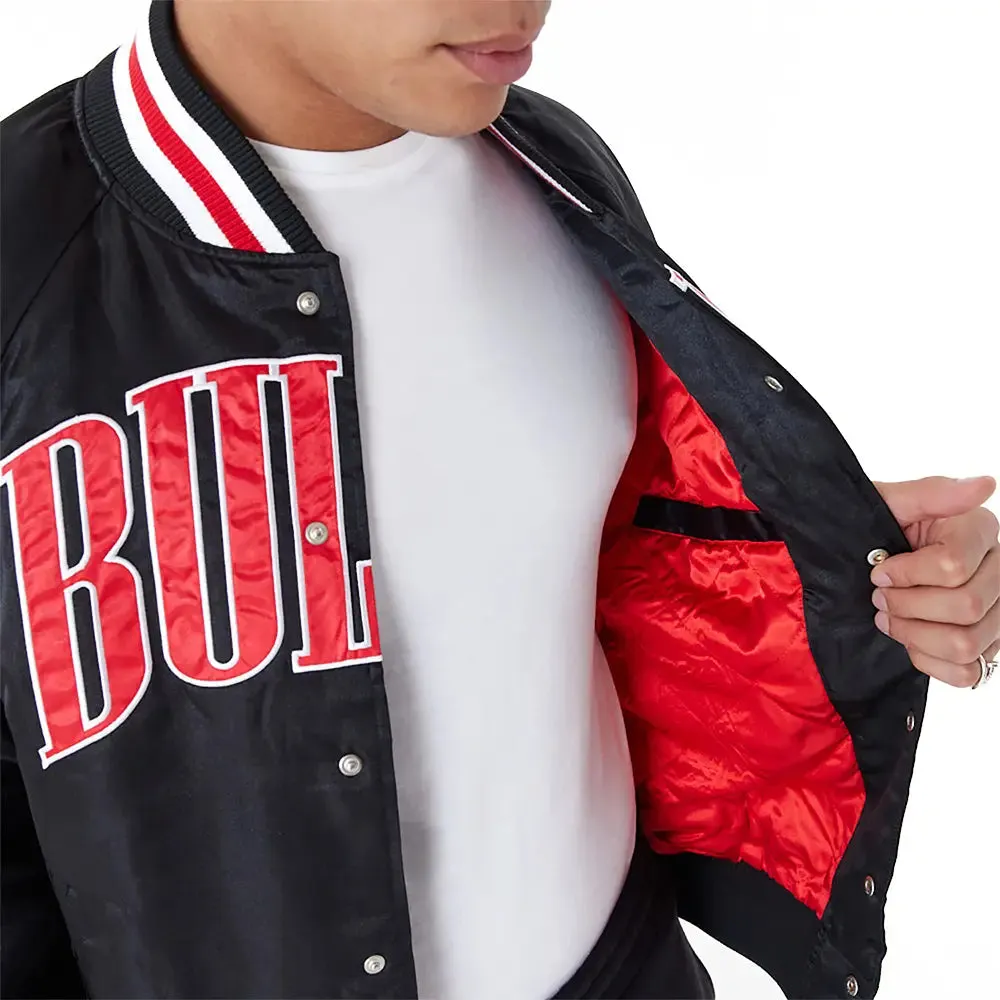 Chicago Bulls Nba Applique Satin Black Bomber Jacket