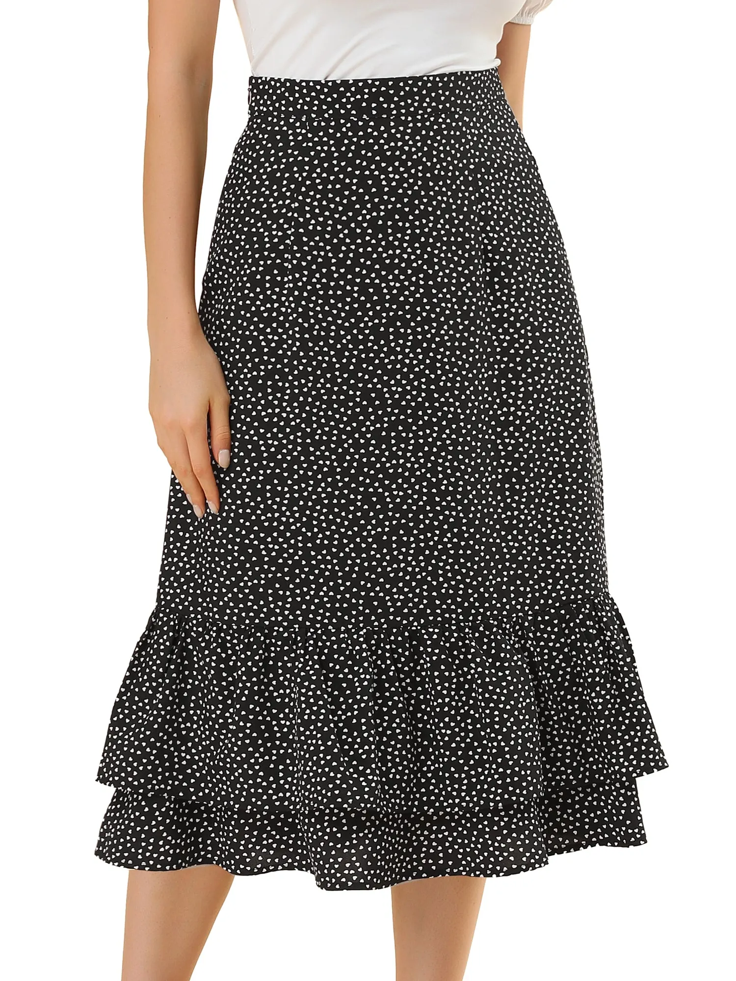 Chiffon Printed Elastic Waist Ruffle Tiered Flowy Midi Skirt