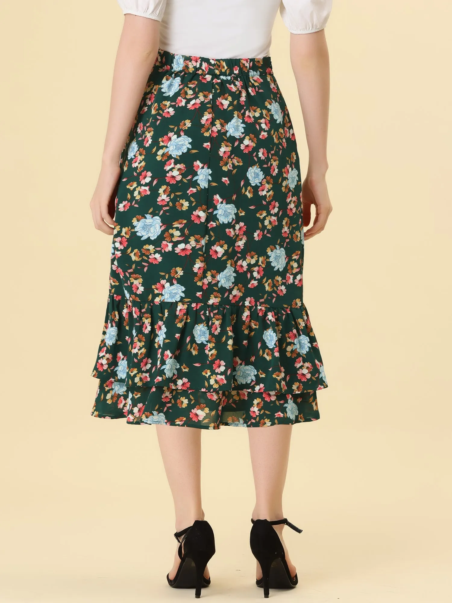 Chiffon Printed Elastic Waist Ruffle Tiered Flowy Midi Skirt