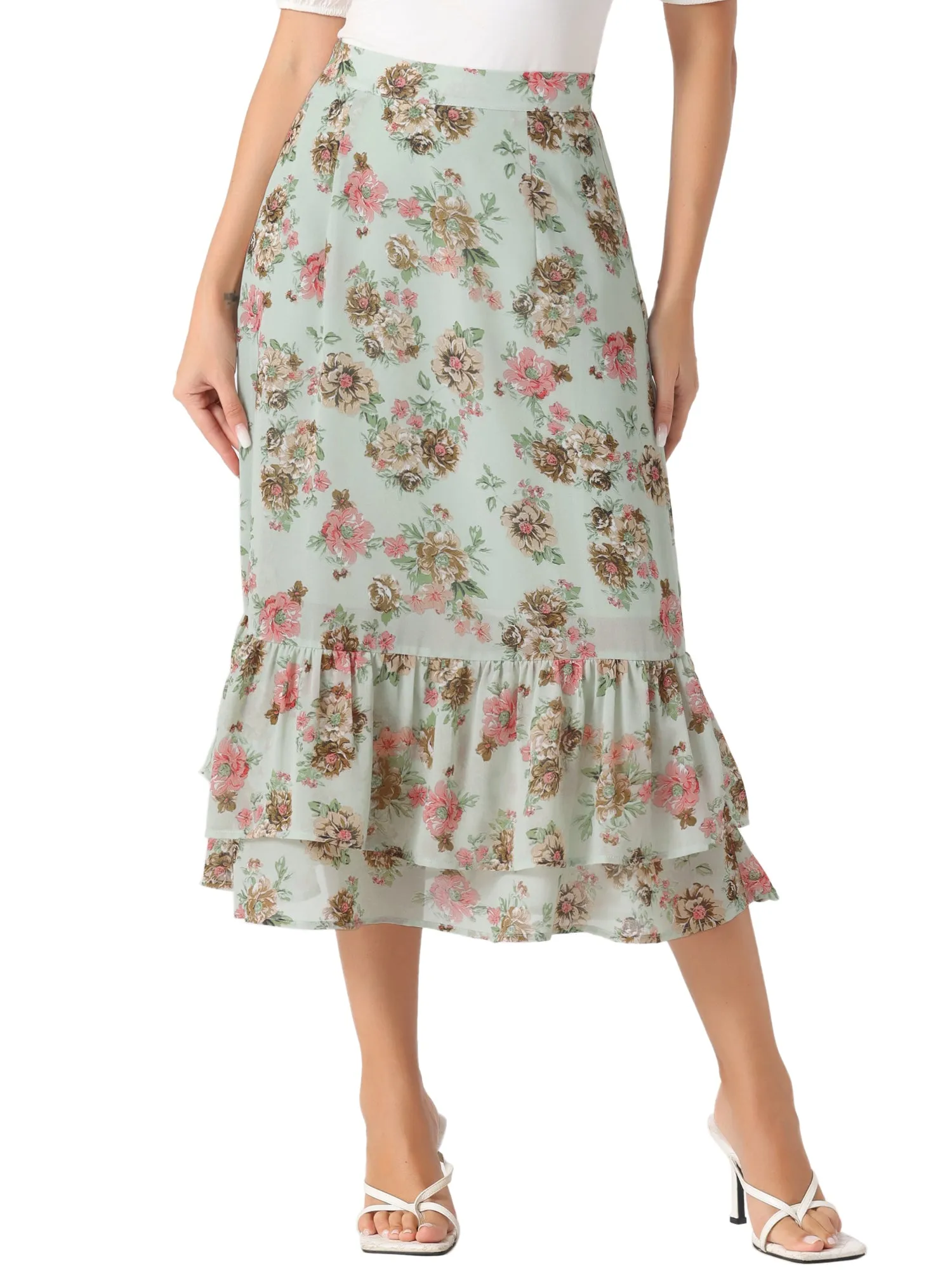 Chiffon Printed Elastic Waist Ruffle Tiered Flowy Midi Skirt