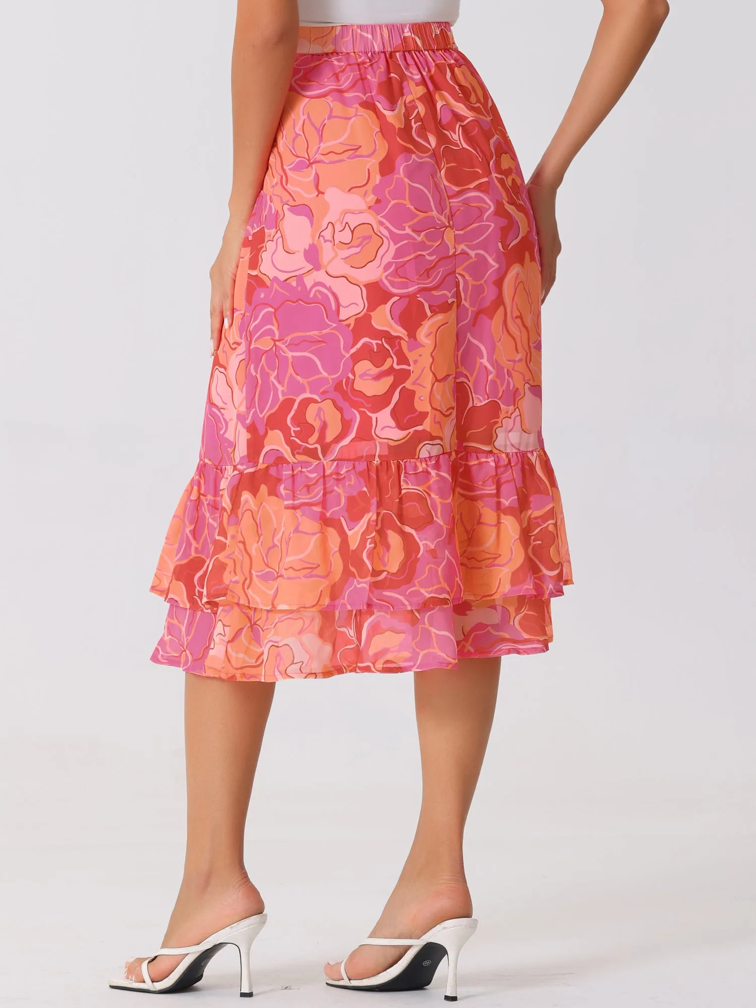 Chiffon Printed Elastic Waist Ruffle Tiered Flowy Midi Skirt