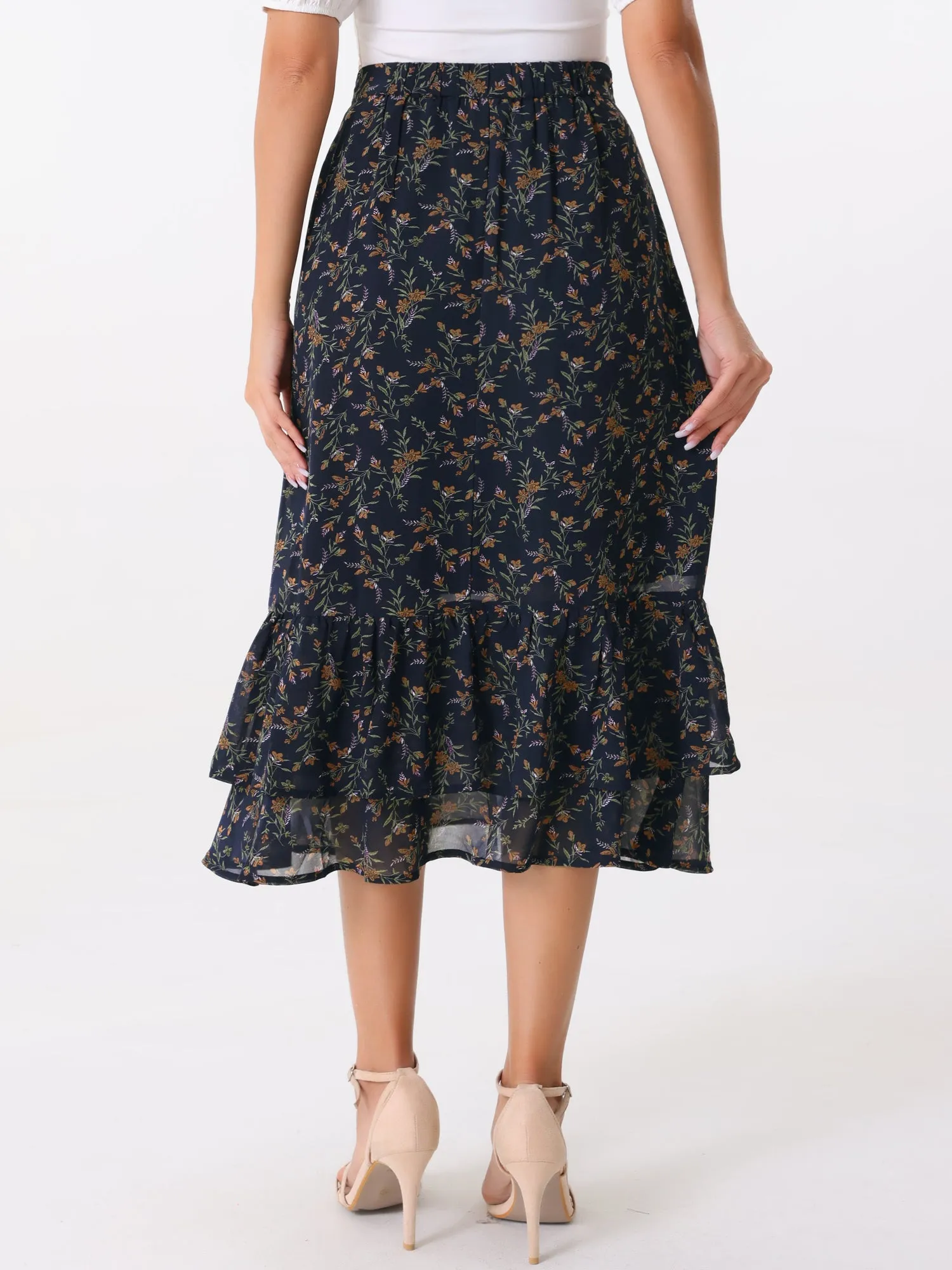 Chiffon Printed Elastic Waist Ruffle Tiered Flowy Midi Skirt