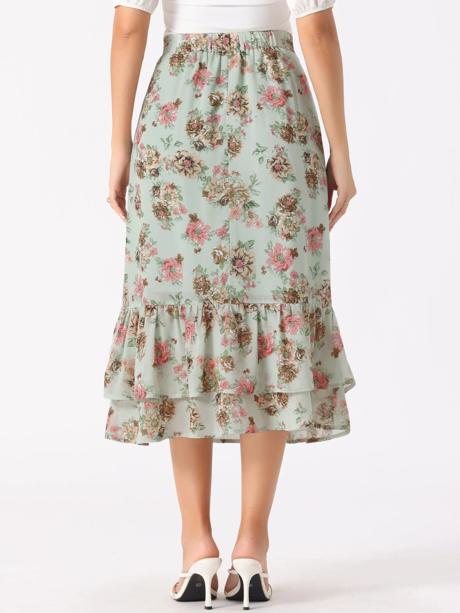 Chiffon Printed Elastic Waist Ruffle Tiered Flowy Midi Skirt