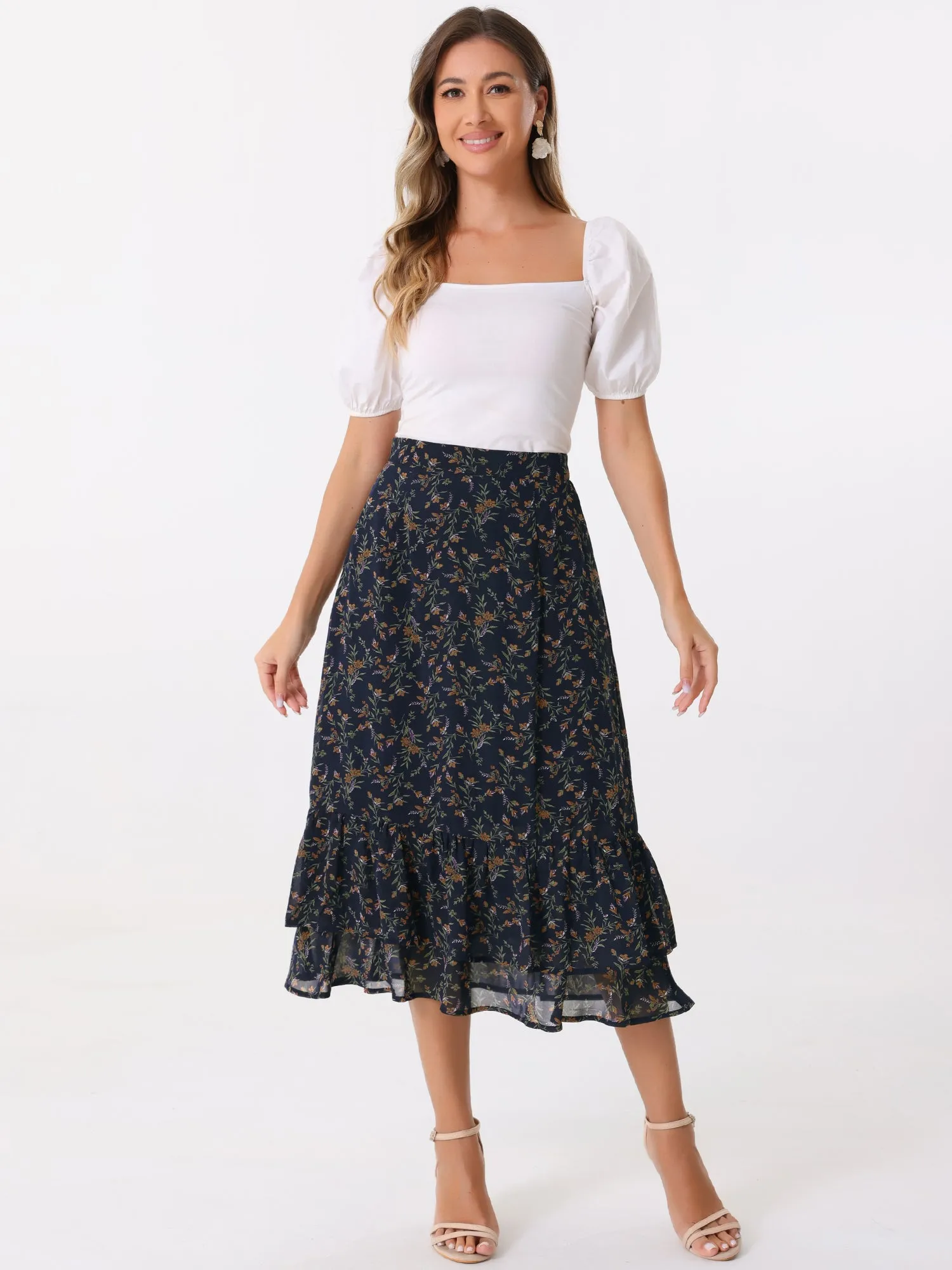 Chiffon Printed Elastic Waist Ruffle Tiered Flowy Midi Skirt