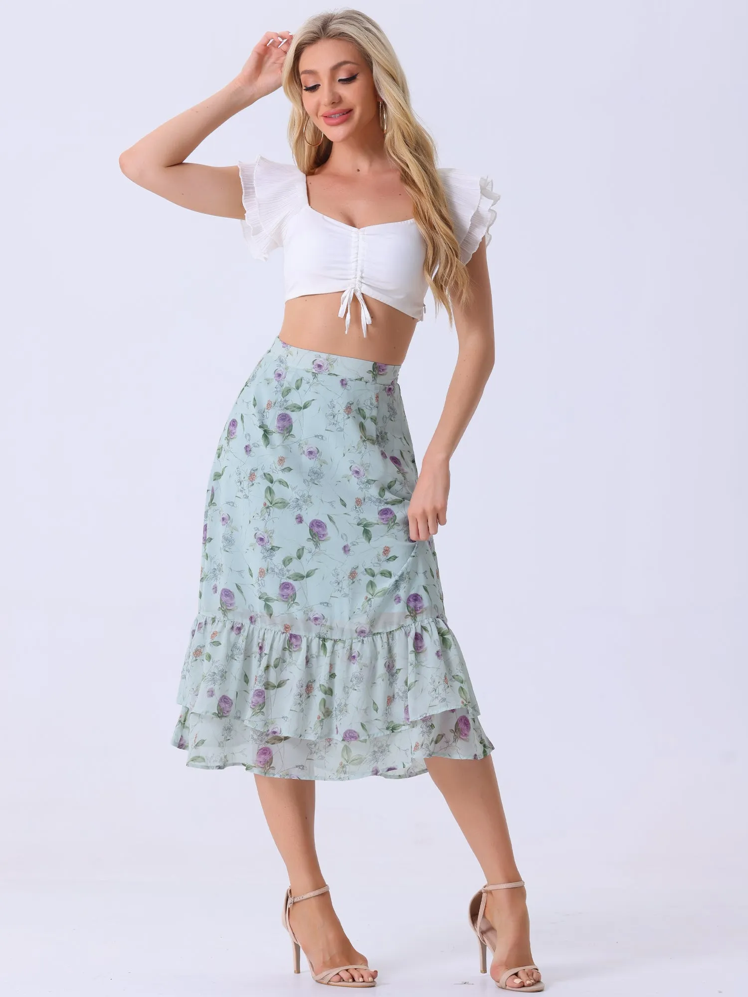 Chiffon Printed Elastic Waist Ruffle Tiered Flowy Midi Skirt