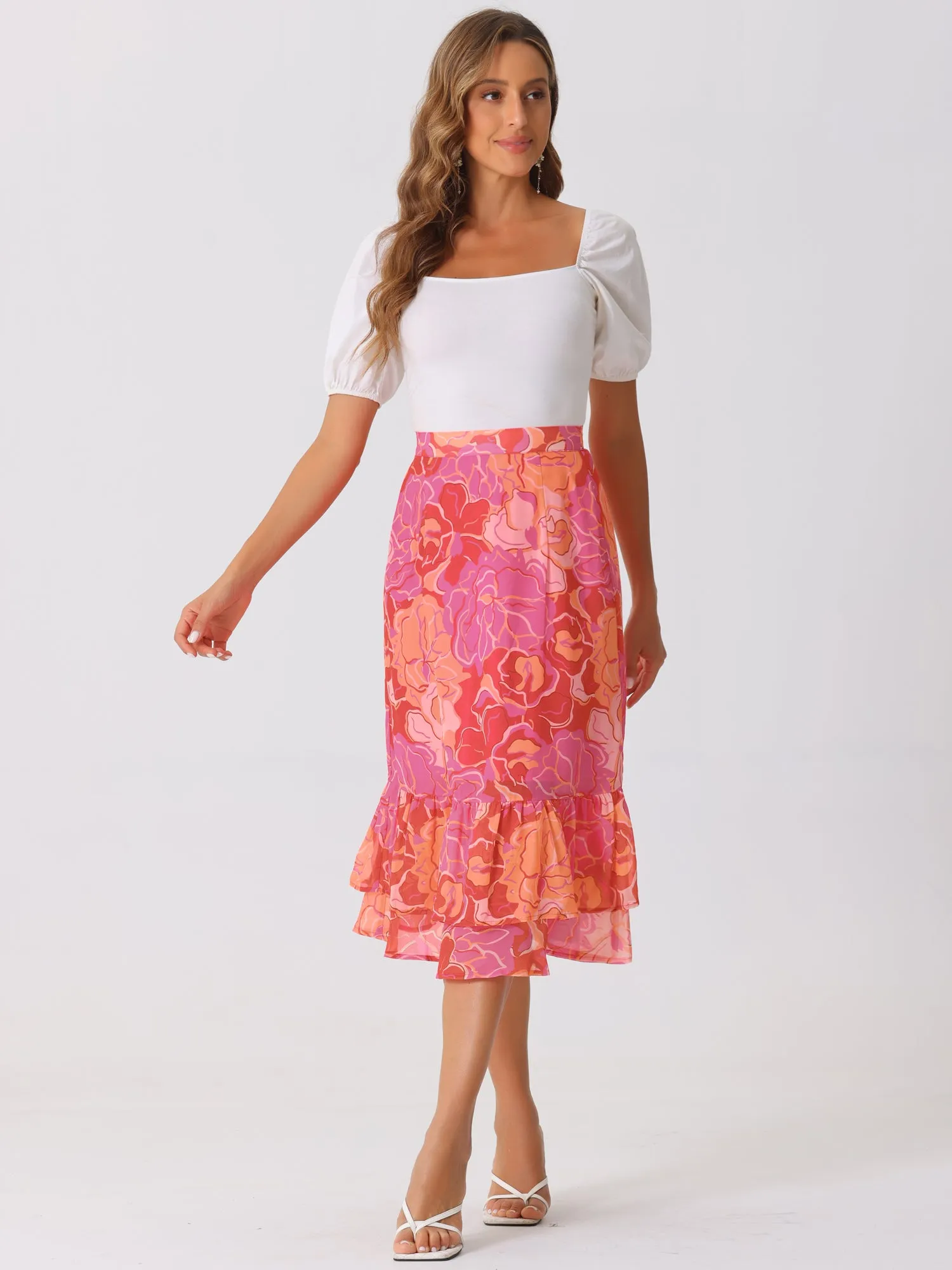 Chiffon Printed Elastic Waist Ruffle Tiered Flowy Midi Skirt