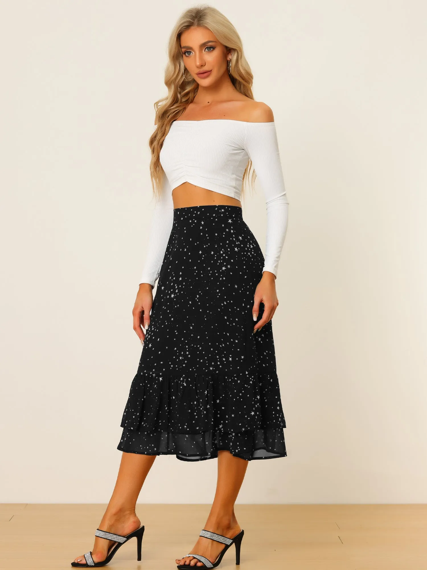 Chiffon Printed Elastic Waist Ruffle Tiered Flowy Midi Skirt