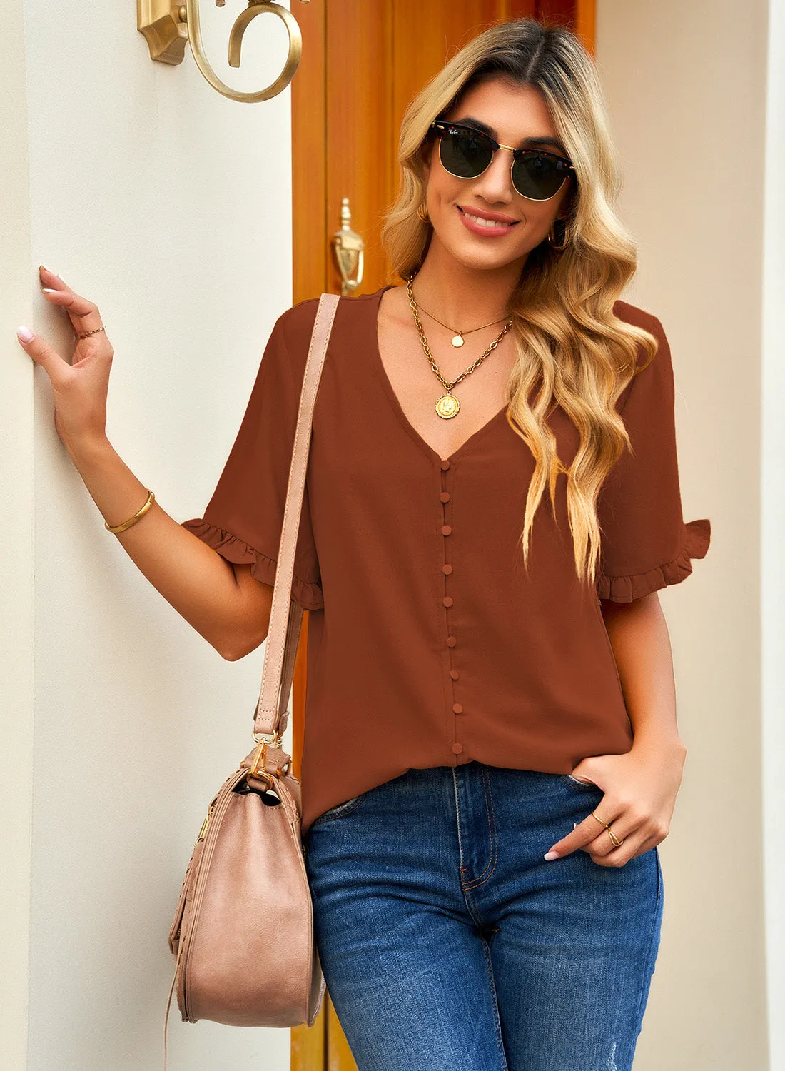 Chocolate Brown Ruffle Trim Short Sleeves V-Neck Button-Down Top