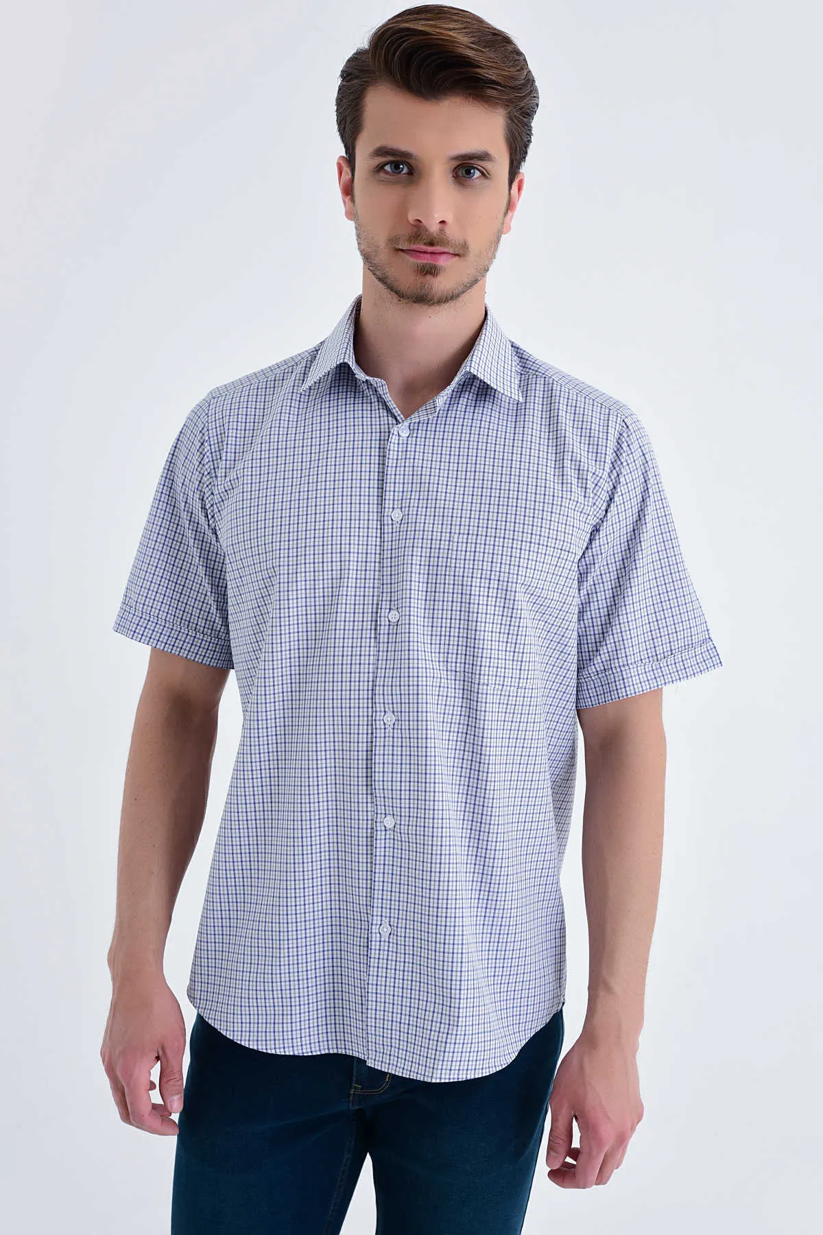 Classic Fit Short Sleeve Plaid Cotton Blend Navy Dress Shirt