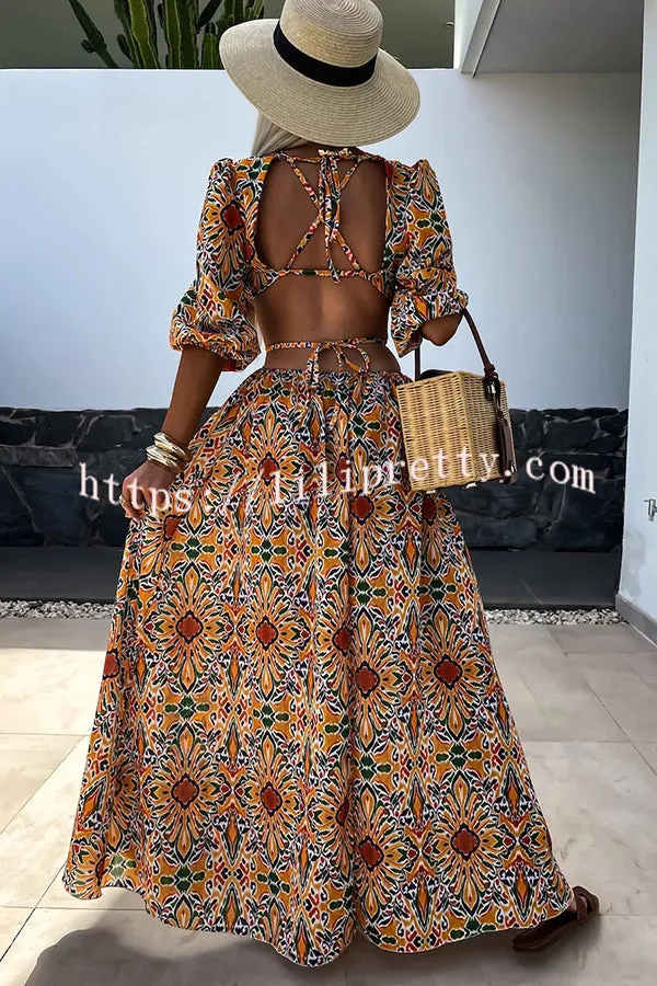 Colorful Carousel Ethnic Print Puff Sleeve Cutout Back Lace-up Maxi Dress