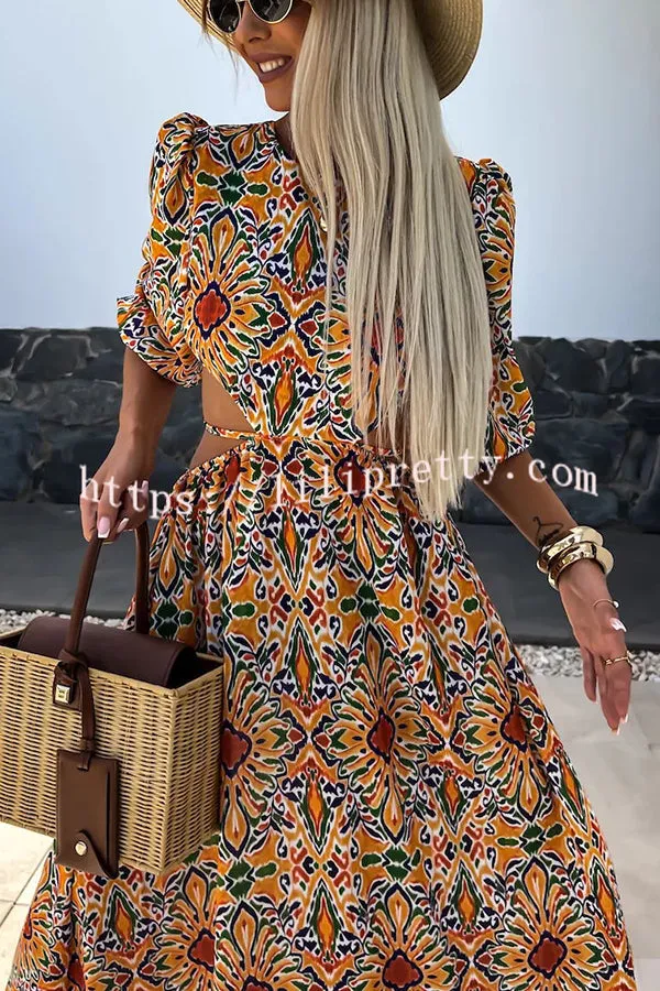 Colorful Carousel Ethnic Print Puff Sleeve Cutout Back Lace-up Maxi Dress