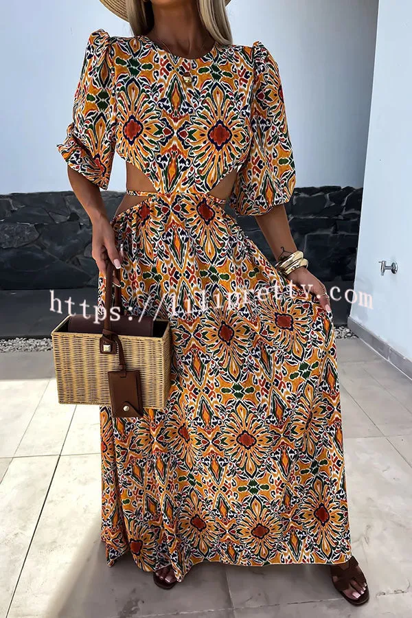 Colorful Carousel Ethnic Print Puff Sleeve Cutout Back Lace-up Maxi Dress