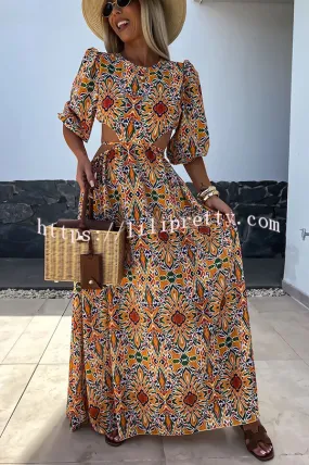 Colorful Carousel Ethnic Print Puff Sleeve Cutout Back Lace-up Maxi Dress