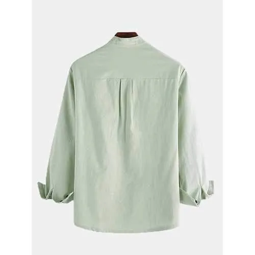 Cotton Linen Collarless Henley Shirt