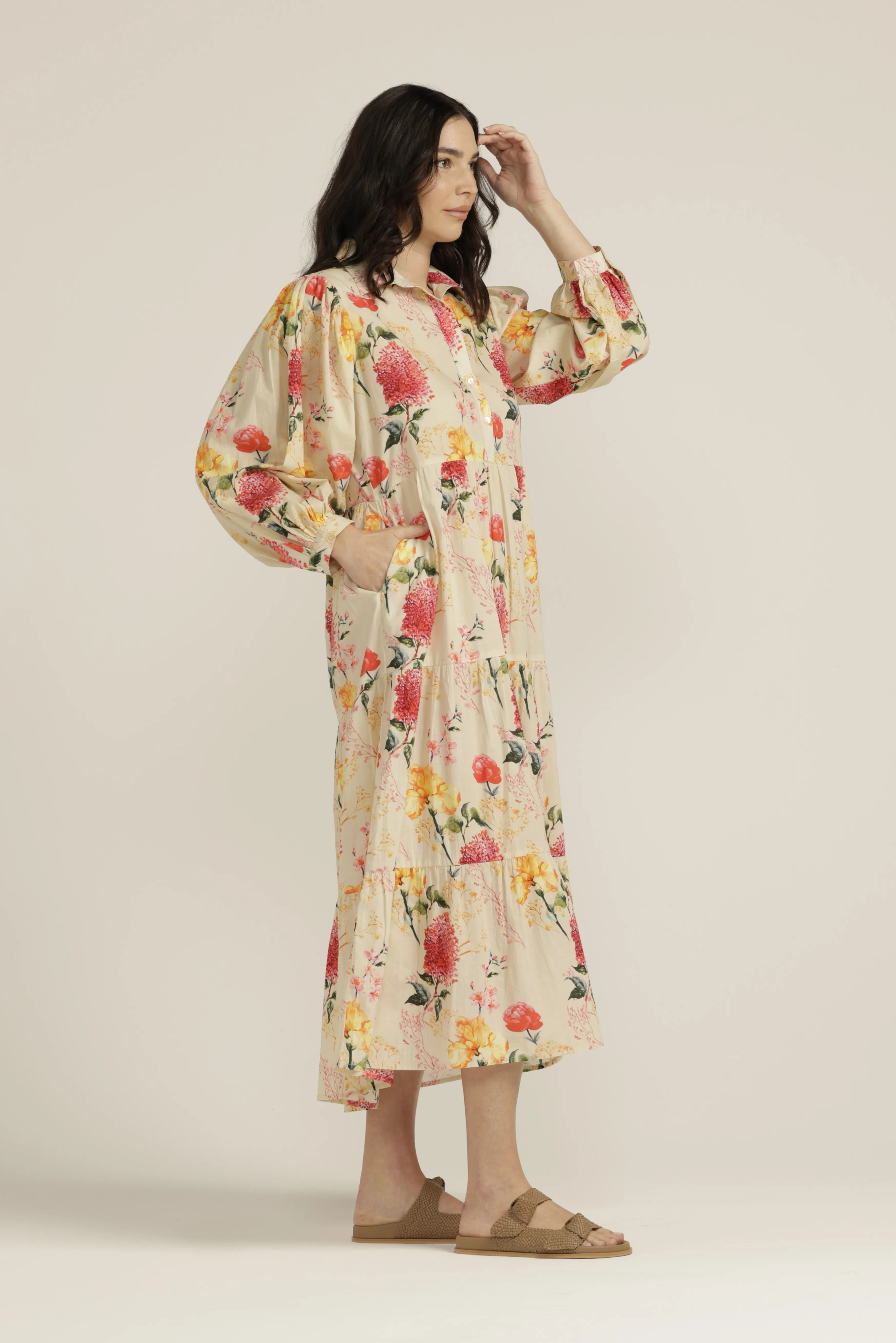 Cotton Sunset Floral 3/4 Sleeve Shirt Dress