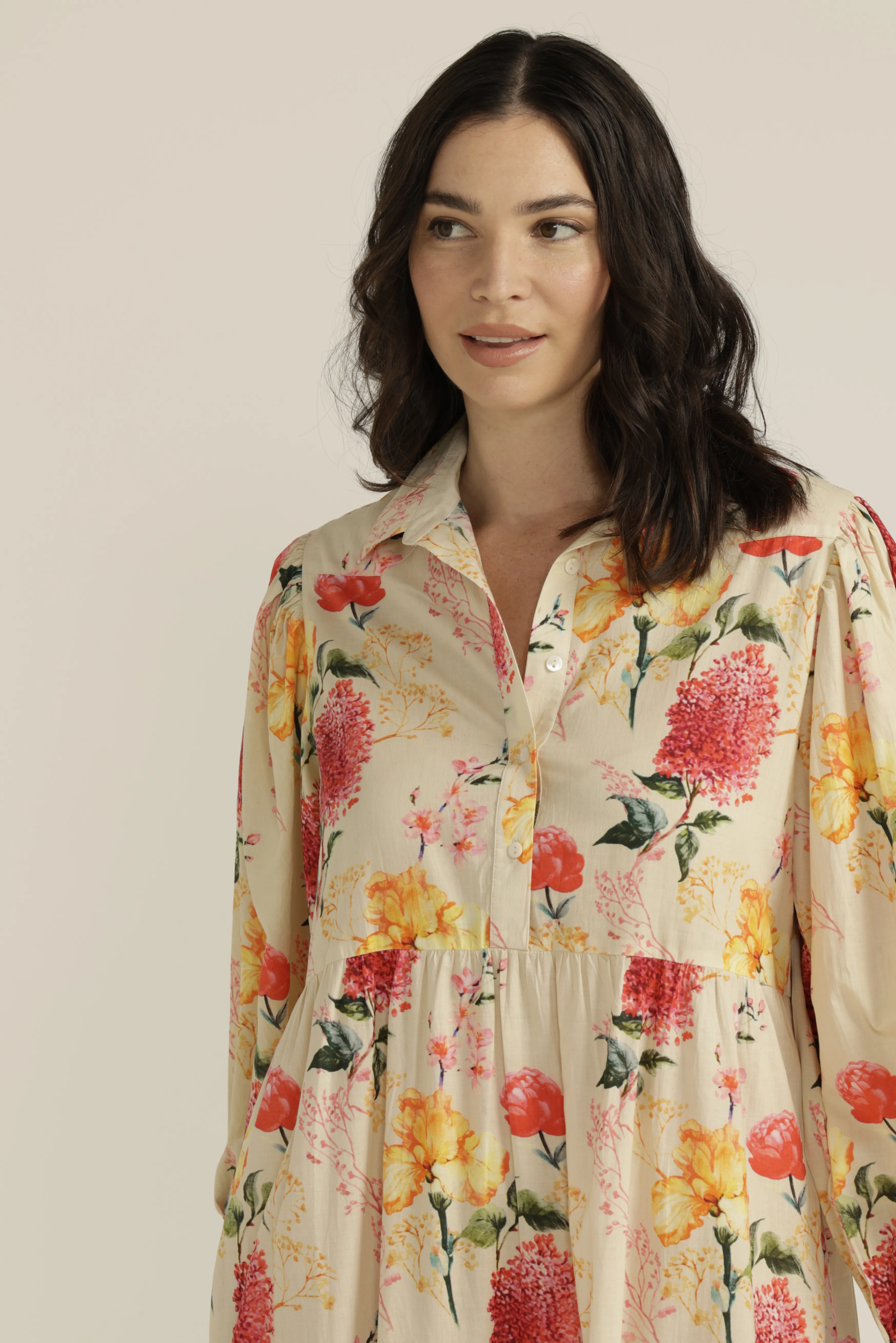 Cotton Sunset Floral 3/4 Sleeve Shirt Dress