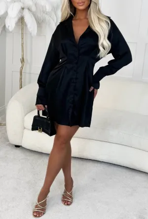 Couture Classic Black Pleated Waist Cinching Satin Shirt Dress