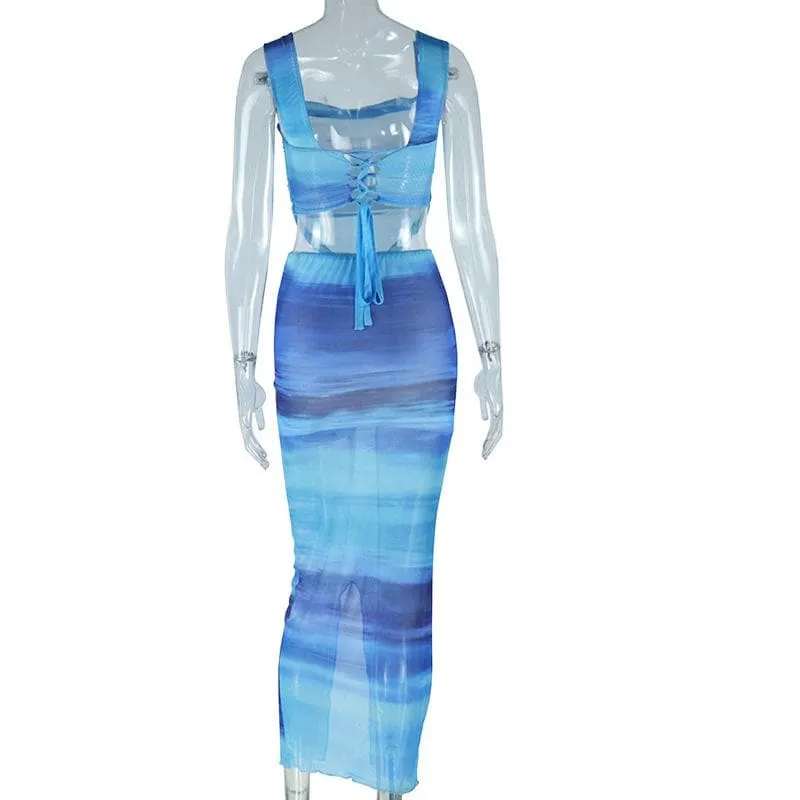 Cowl neck lace up tie dye slit mesh cami midi skirt set