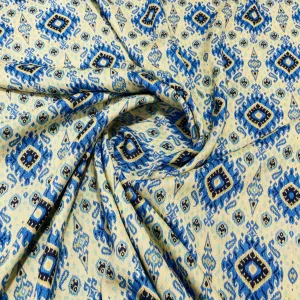 Cream & Blue Traditional Motif Print Rayon Fabric, Plain Weave TU-4355