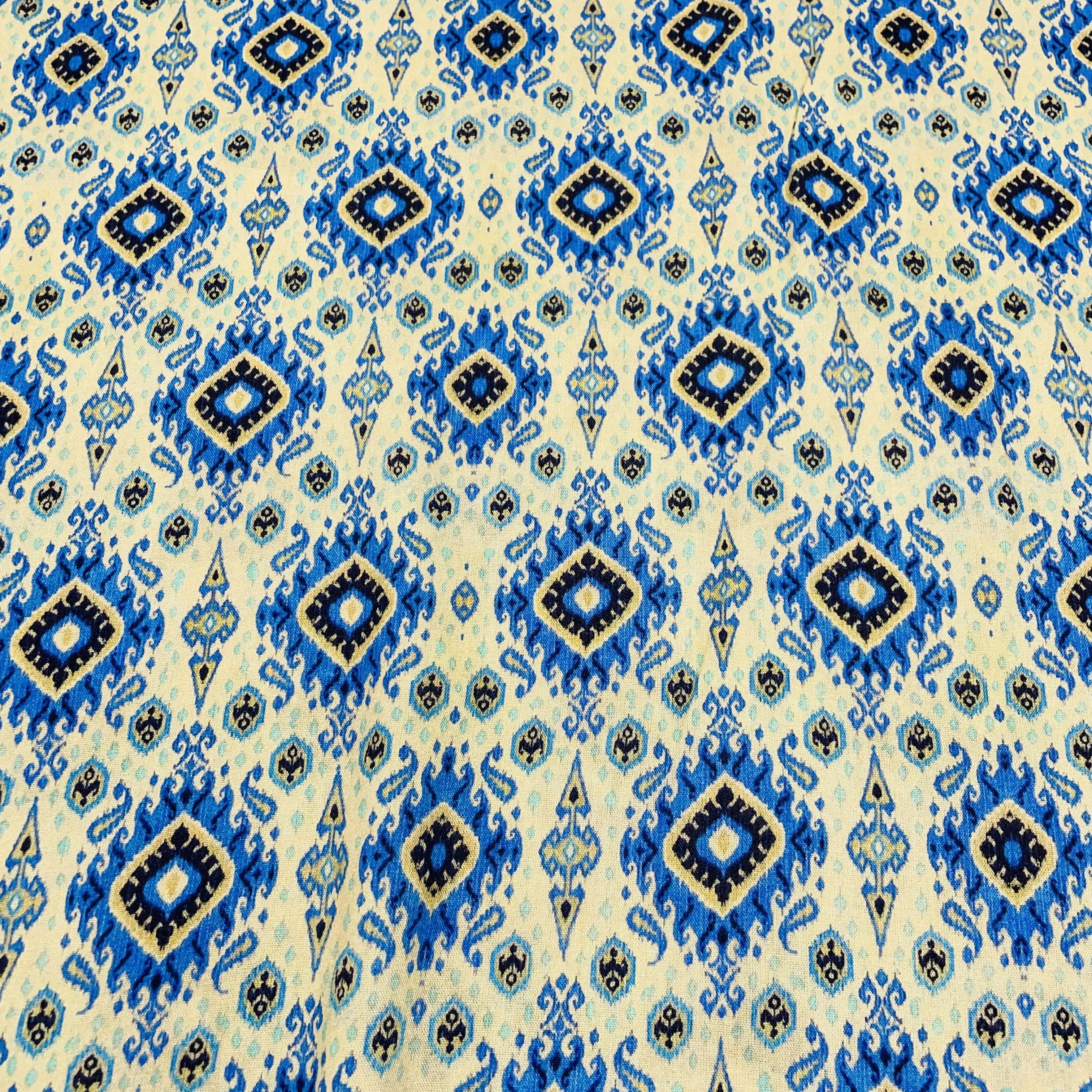 Cream & Blue Traditional Motif Print Rayon Fabric, Plain Weave TU-4355