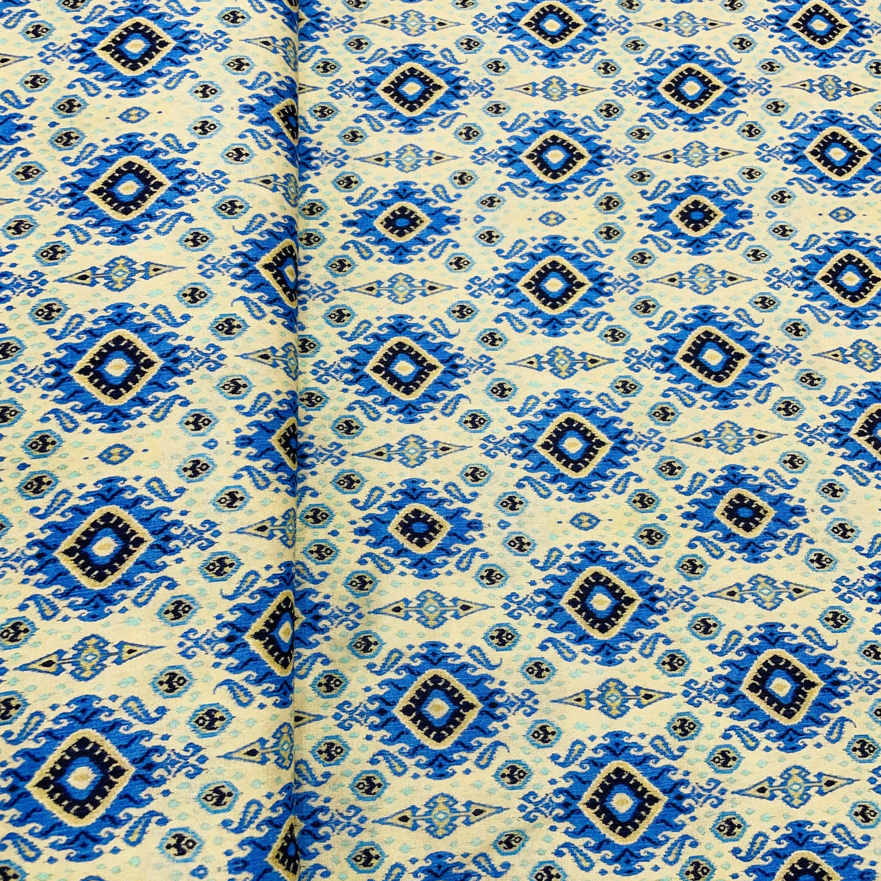 Cream & Blue Traditional Motif Print Rayon Fabric, Plain Weave TU-4355