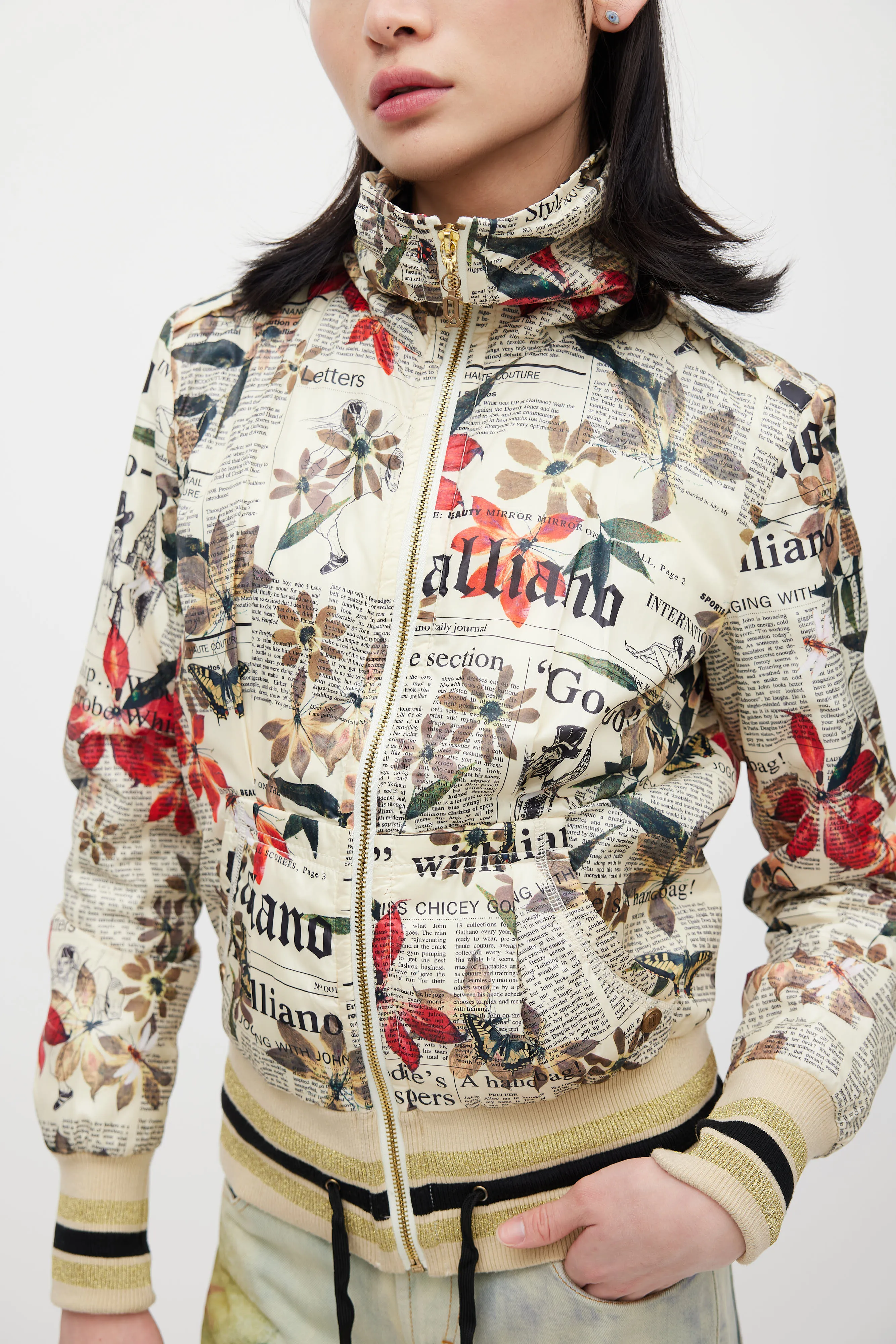 Cream & Multicolour Floral Newsprint Bomber Jacket