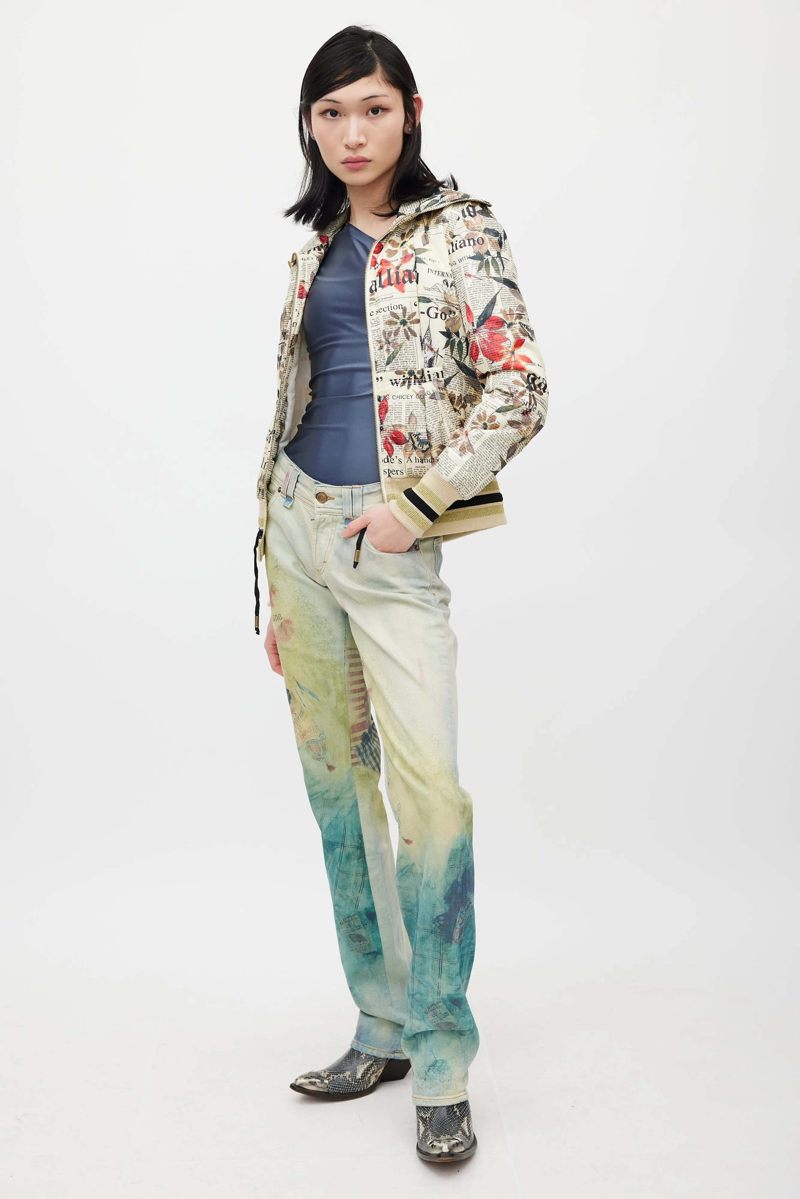 Cream & Multicolour Floral Newsprint Bomber Jacket