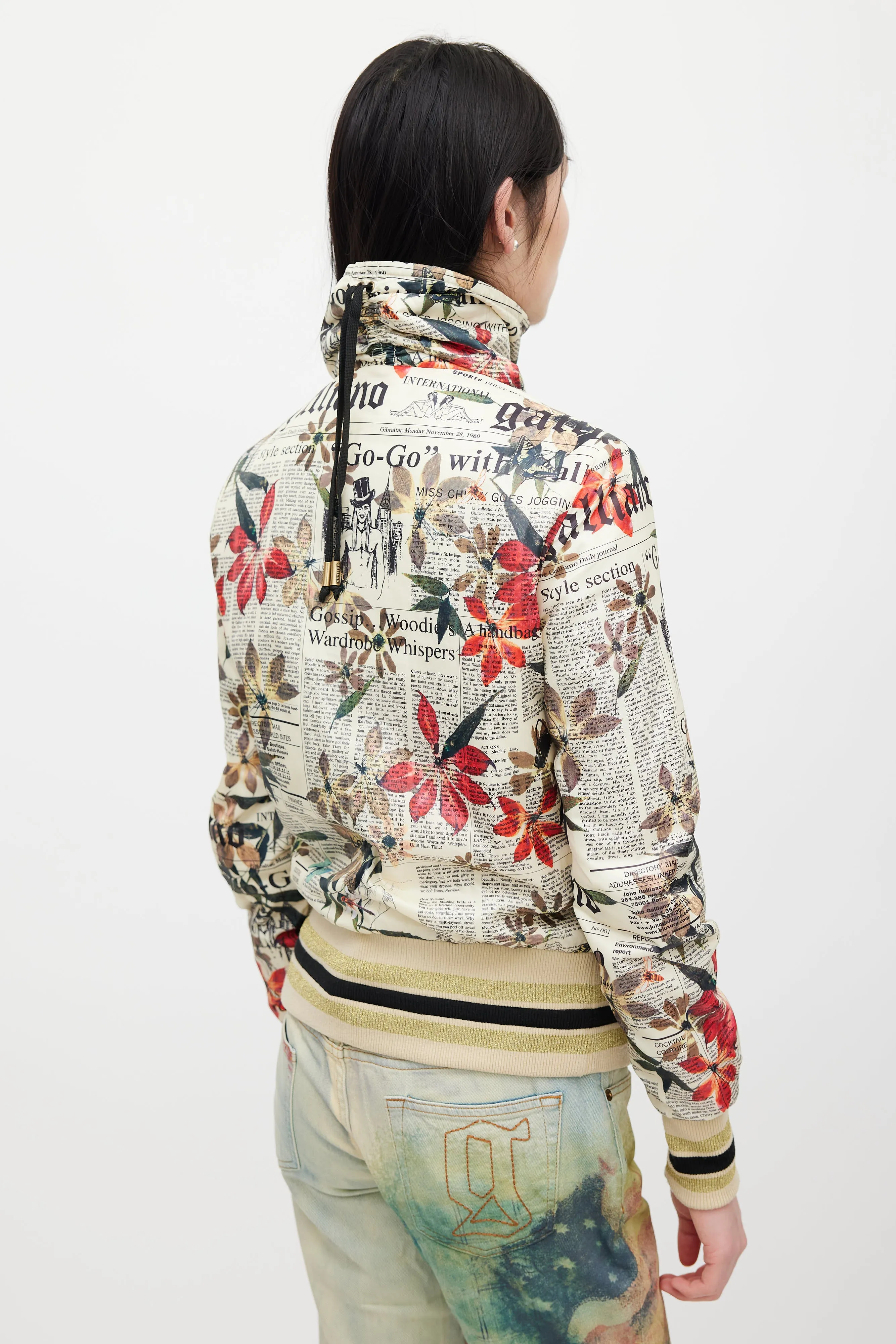 Cream & Multicolour Floral Newsprint Bomber Jacket