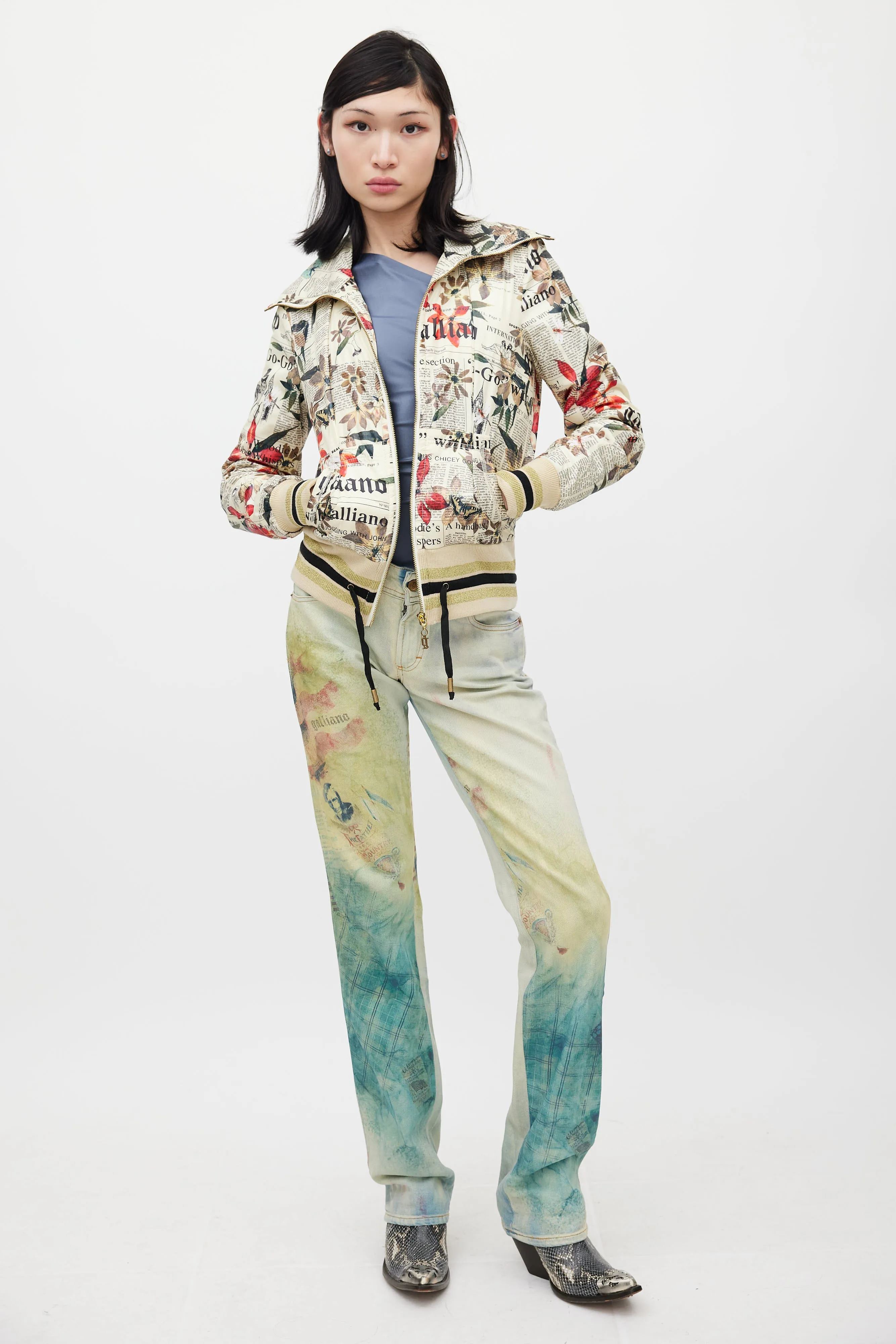 Cream & Multicolour Floral Newsprint Bomber Jacket